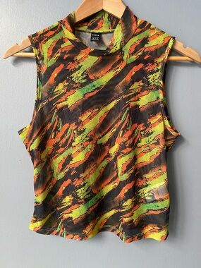Neon Green & Orange Abstract Sleeveless Mock Neck Tank